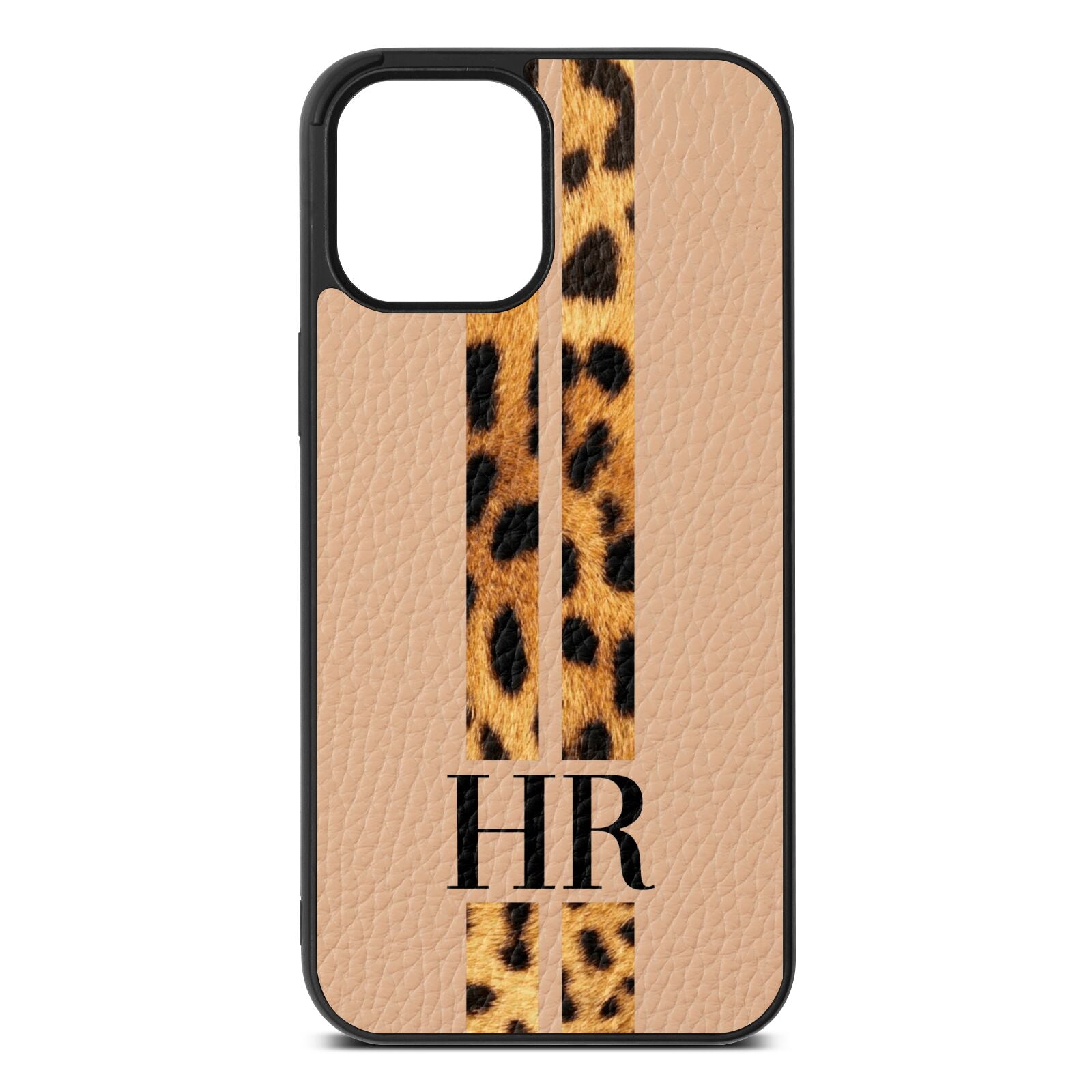 Initialled Leopard Print Stripes Nude Pebble Leather iPhone 12 Pro Max Case