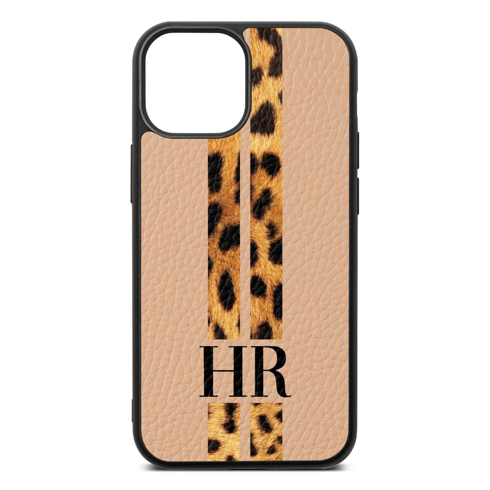 Initialled Leopard Print Stripes Nude Pebble Leather iPhone 13 Mini Case