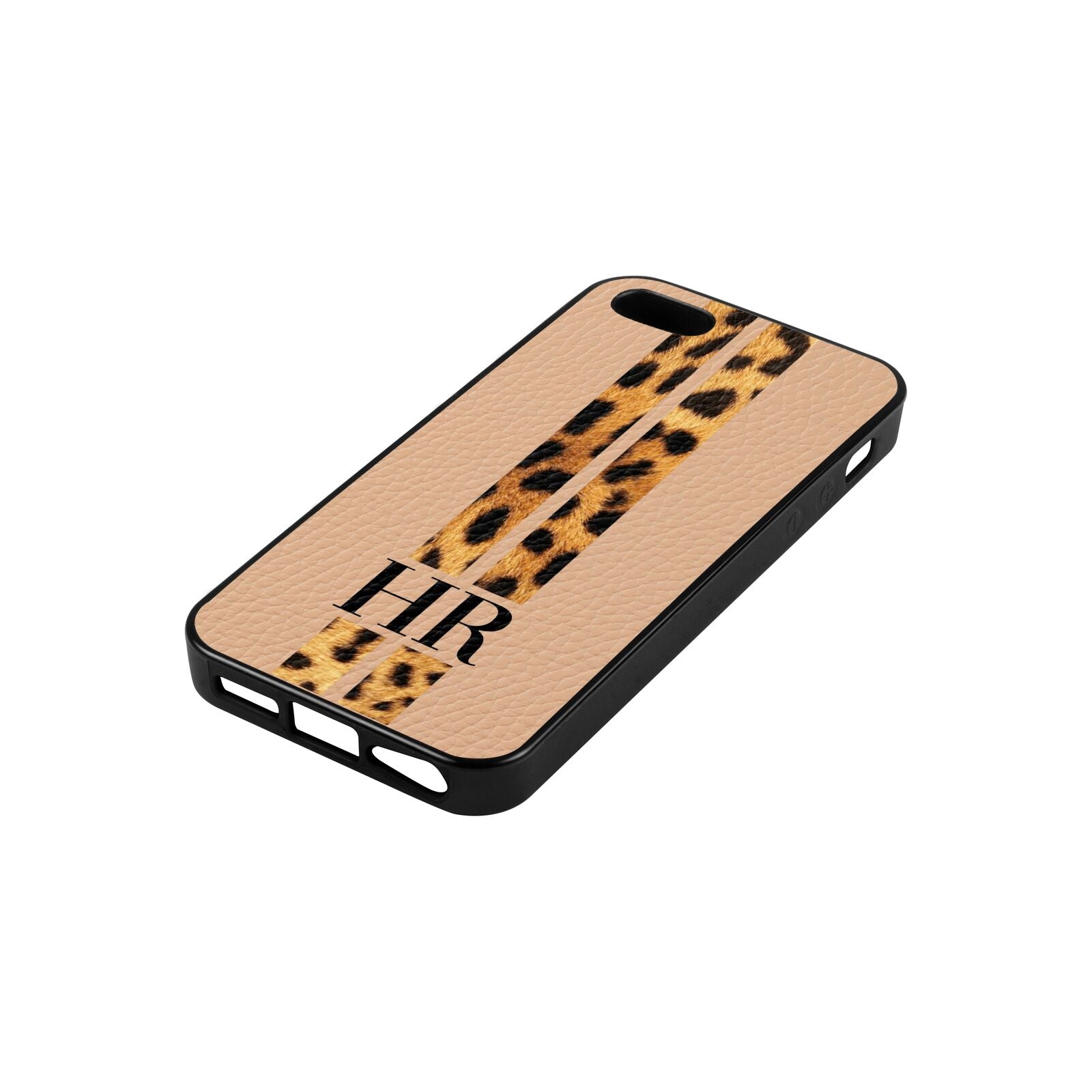 Initialled Leopard Print Stripes Nude Pebble Leather iPhone 5 Case Side Angle