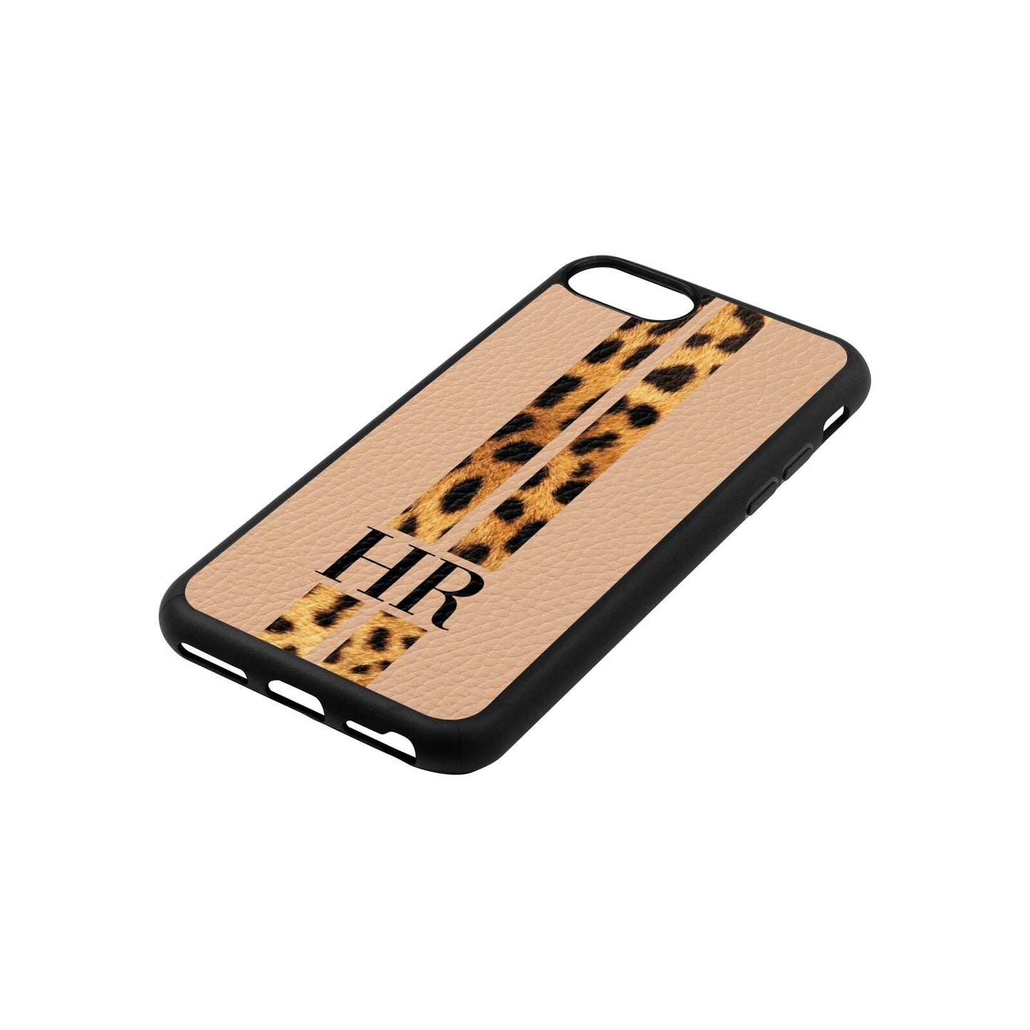 Initialled Leopard Print Stripes Nude Pebble Leather iPhone 8 Case Side Angle