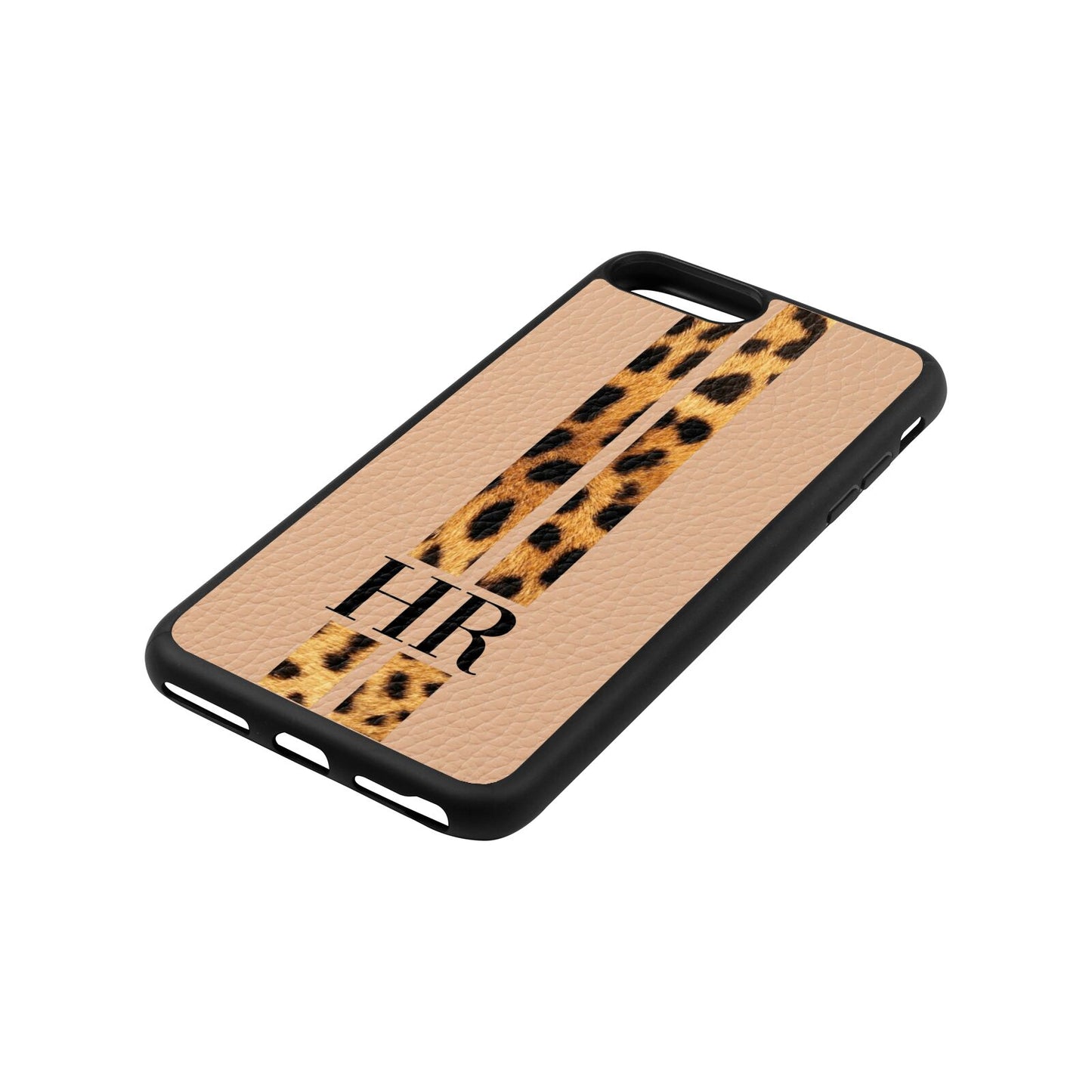 Initialled Leopard Print Stripes Nude Pebble Leather iPhone 8 Plus Case Side Angle