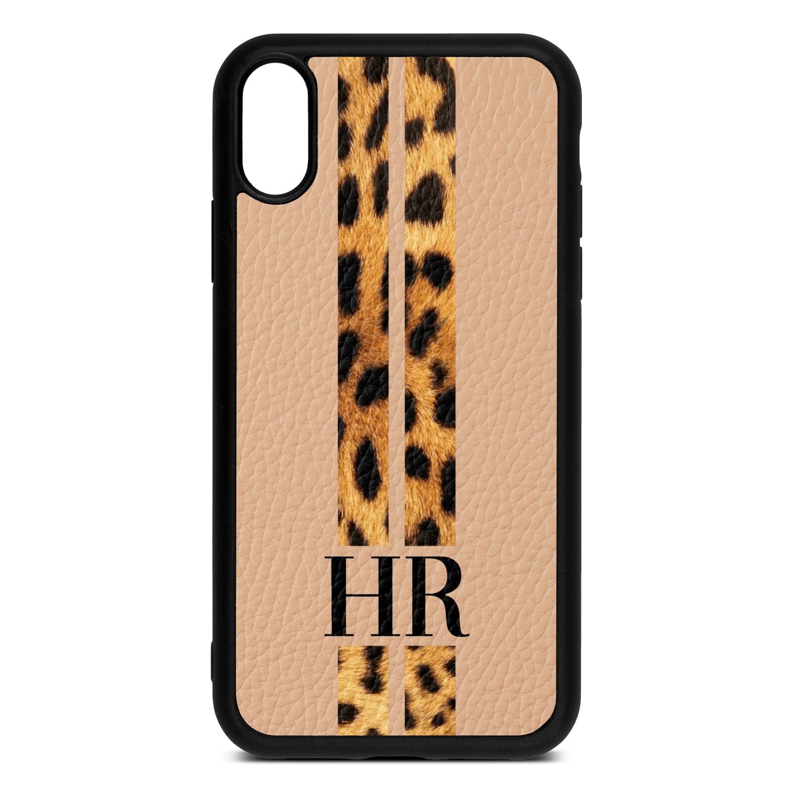 Initialled Leopard Print Stripes Nude Pebble Leather iPhone Xr Case
