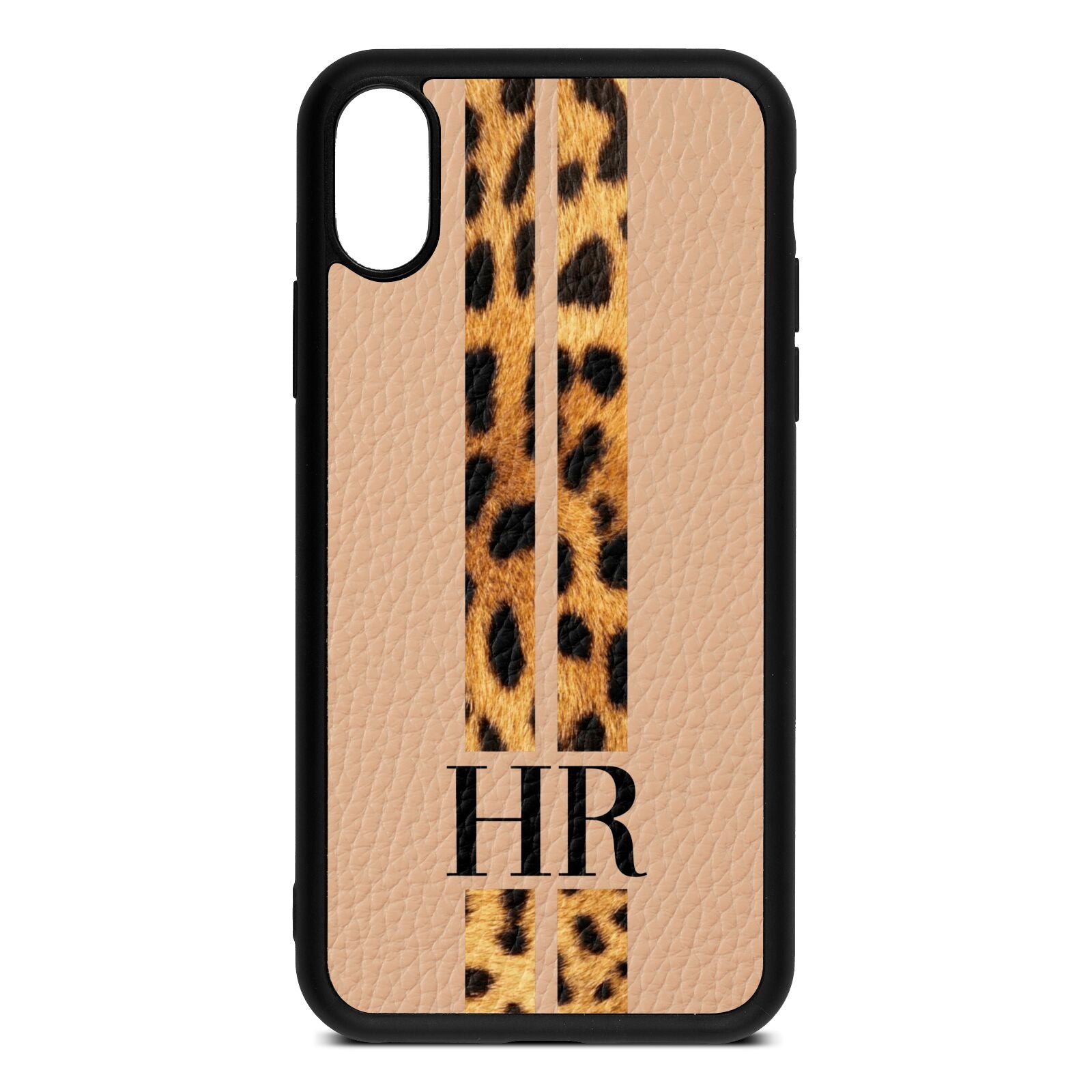 Initialled Leopard Print Stripes Nude Pebble Leather iPhone Xs Case