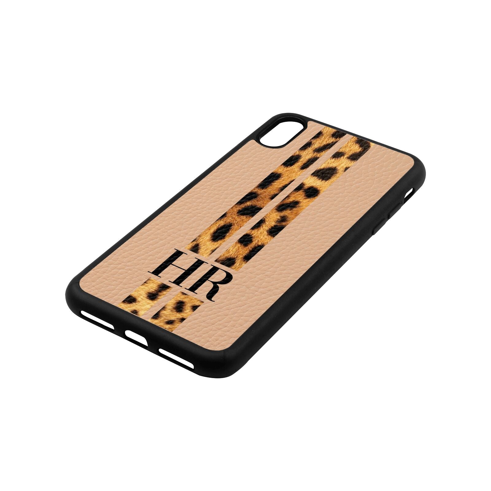 Initialled Leopard Print Stripes Nude Pebble Leather iPhone Xs Max Case Side Angle
