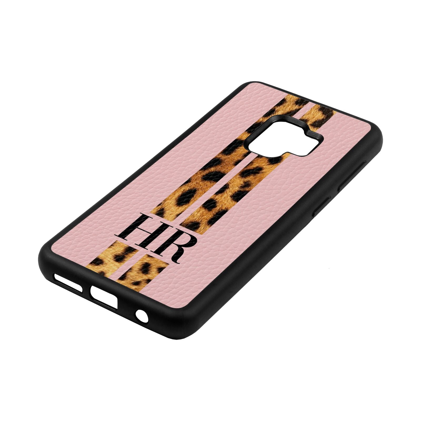 Initialled Leopard Print Stripes Pink Pebble Leather Samsung S9 Case Side Angle