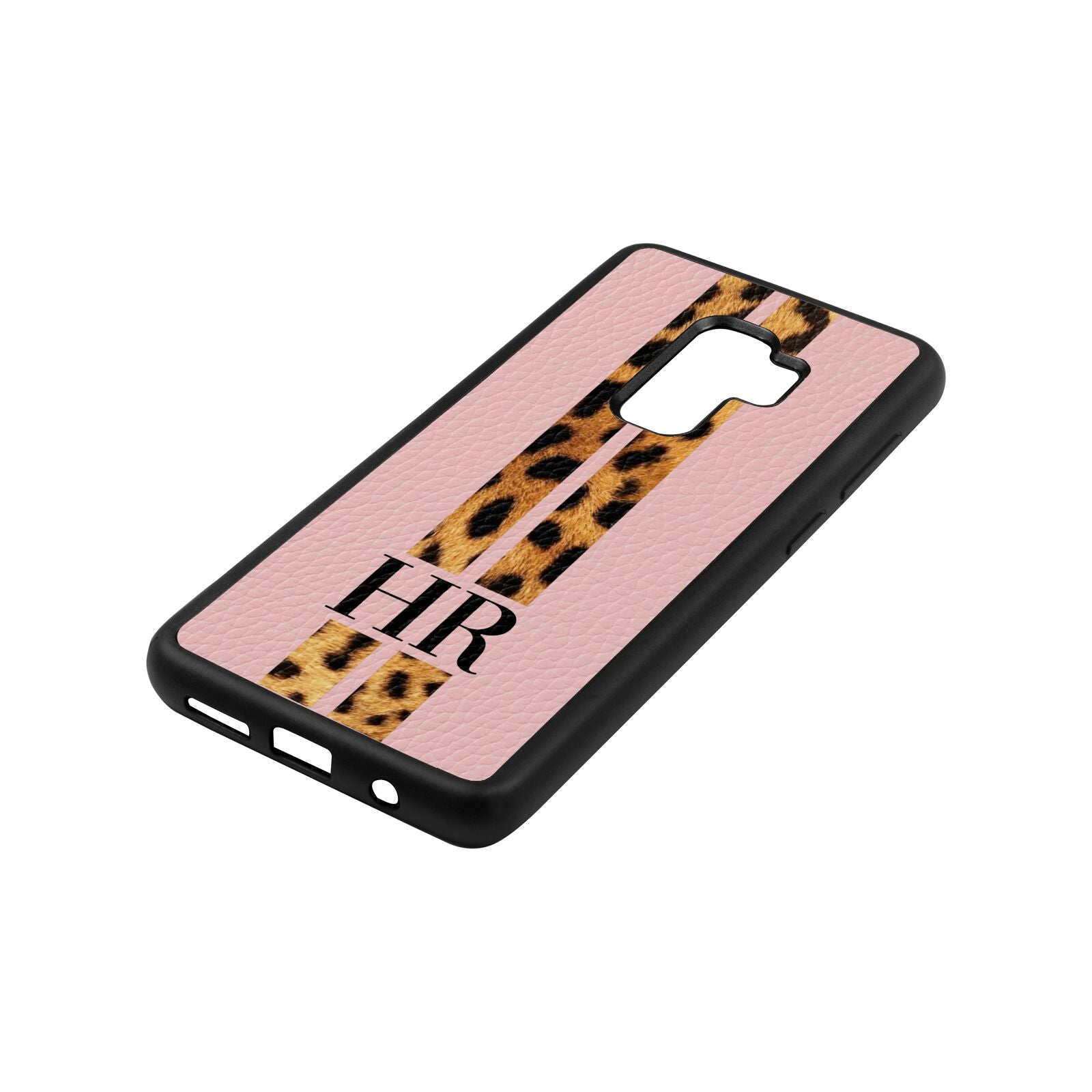 Initialled Leopard Print Stripes Pink Pebble Leather Samsung S9 Plus Case Side Angle