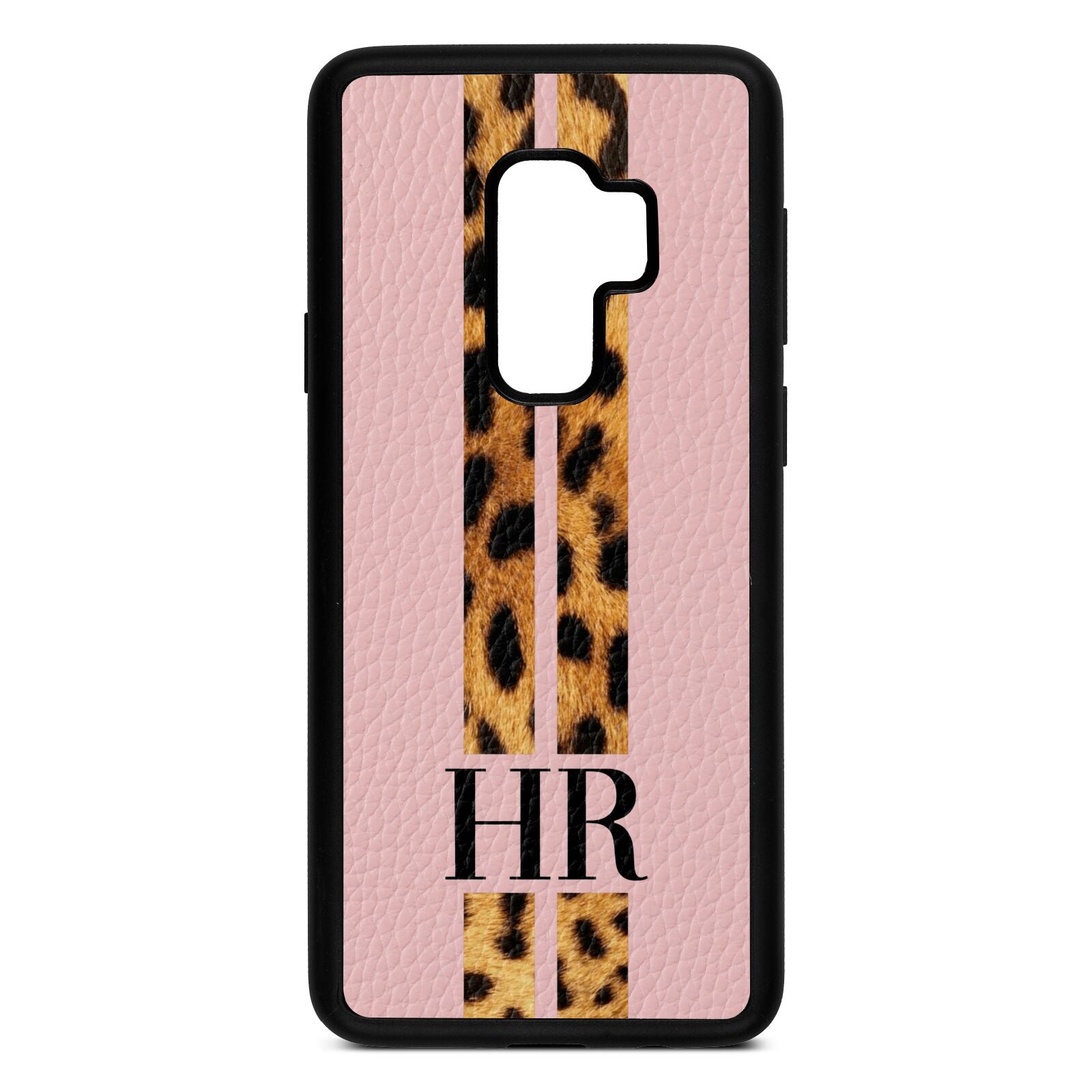 Initialled Leopard Print Stripes Pink Pebble Leather Samsung S9 Plus Case