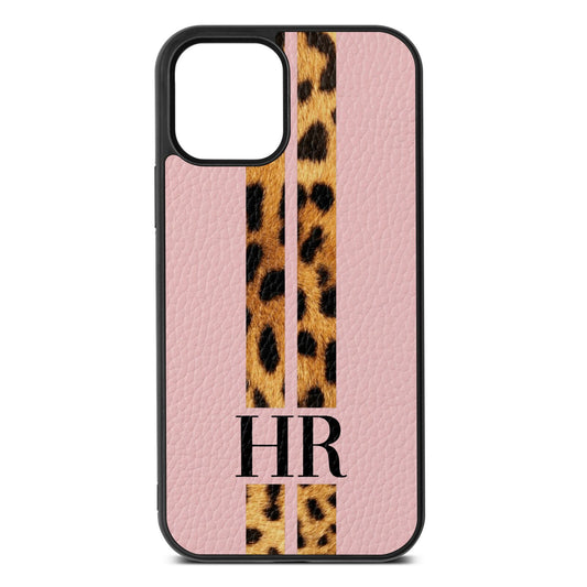 Initialled Leopard Print Stripes Pink Pebble Leather iPhone 12 Case