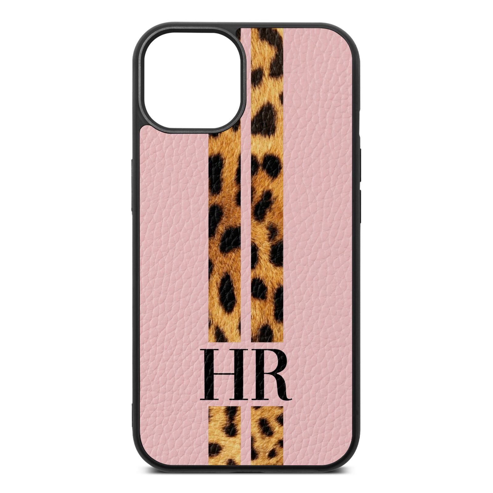 Initialled Leopard Print Stripes Pink Pebble Leather iPhone 13 Case