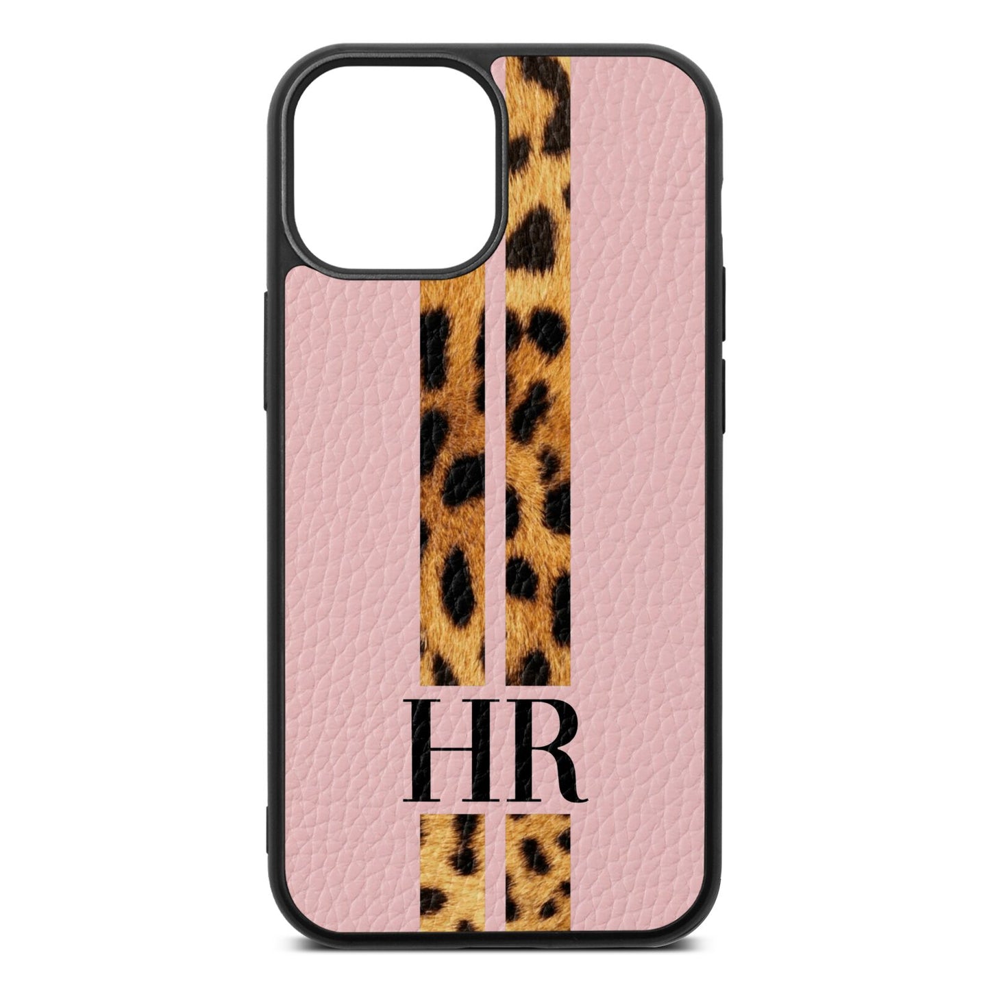 Initialled Leopard Print Stripes Pink Pebble Leather iPhone 13 Mini Case