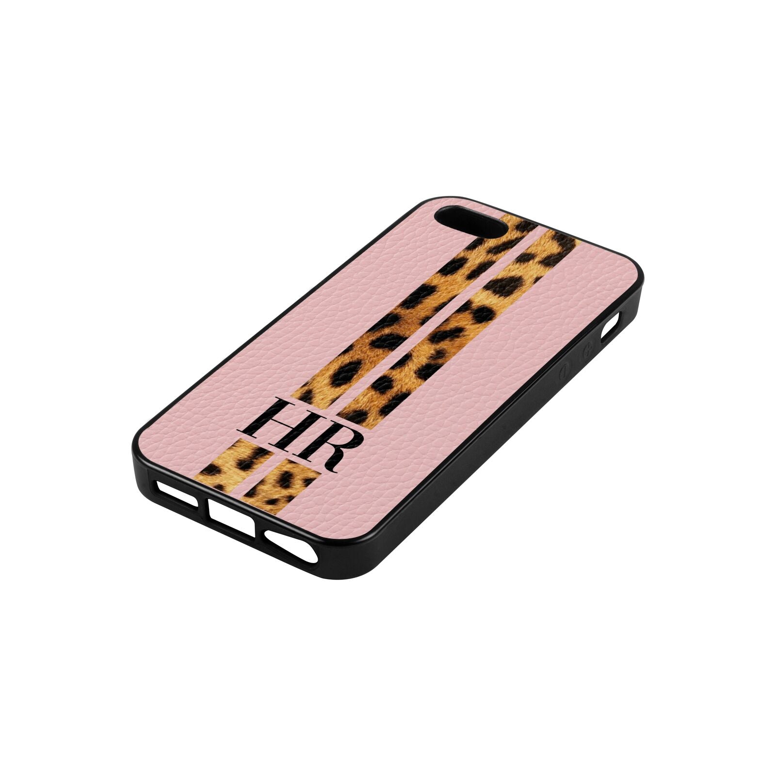 Initialled Leopard Print Stripes Pink Pebble Leather iPhone 5 Case Side Angle