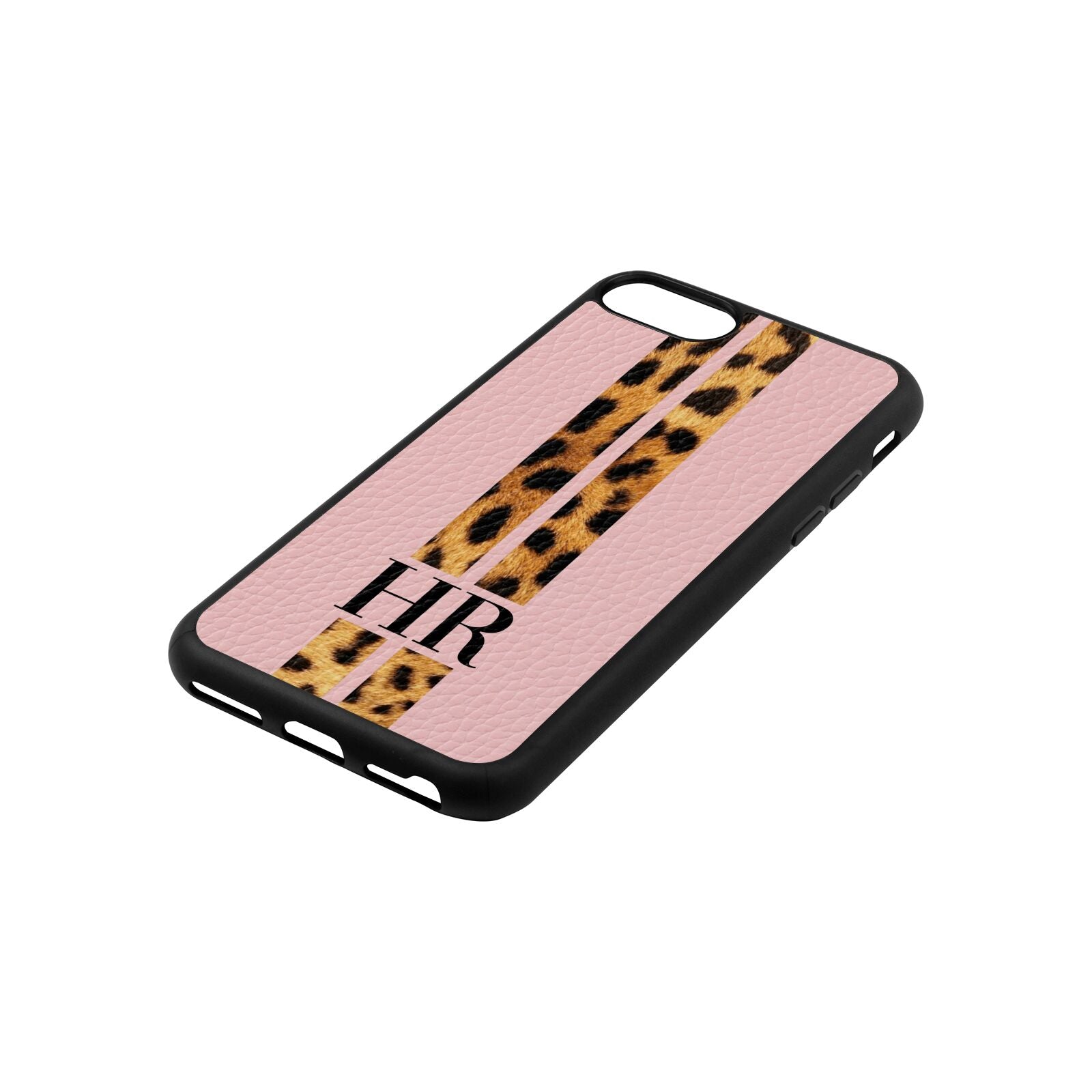 Initialled Leopard Print Stripes Pink Pebble Leather iPhone 8 Case Side Angle