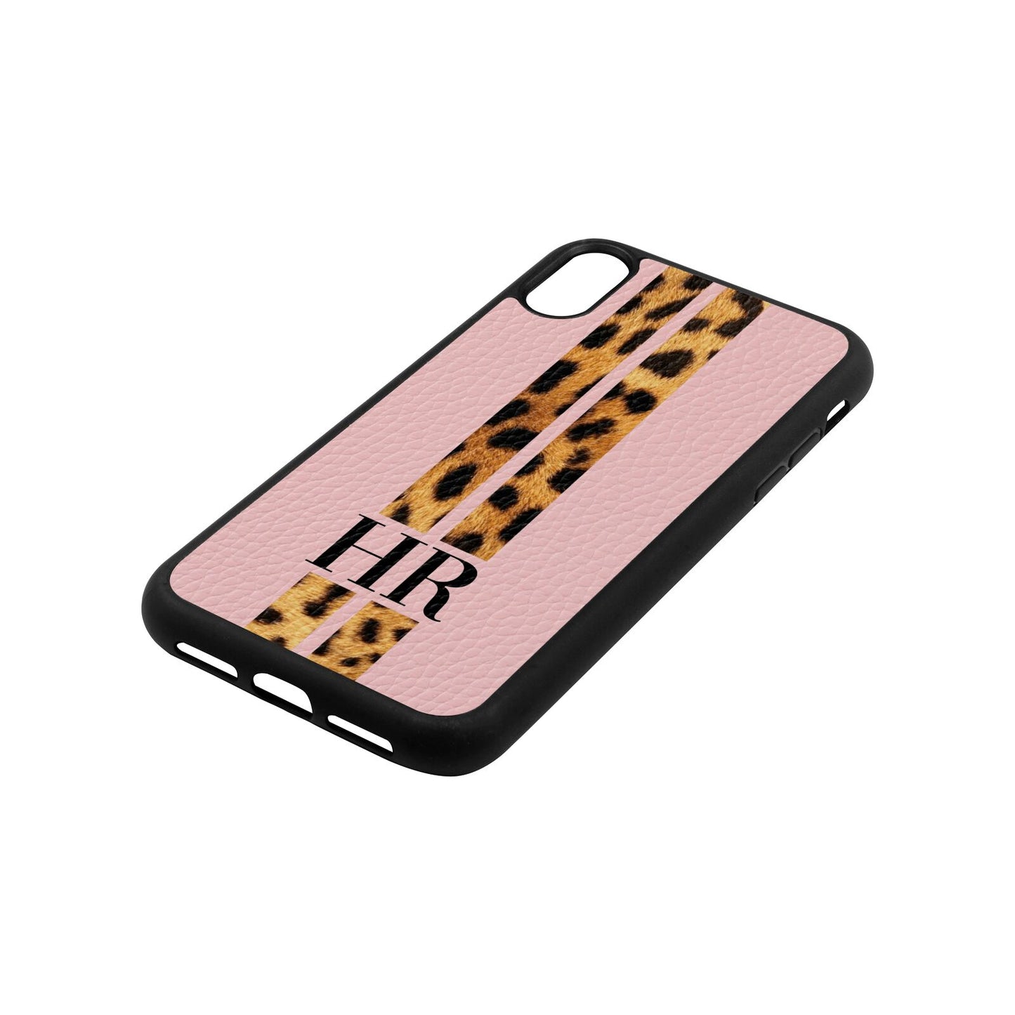 Initialled Leopard Print Stripes Pink Pebble Leather iPhone Xr Case Side Angle