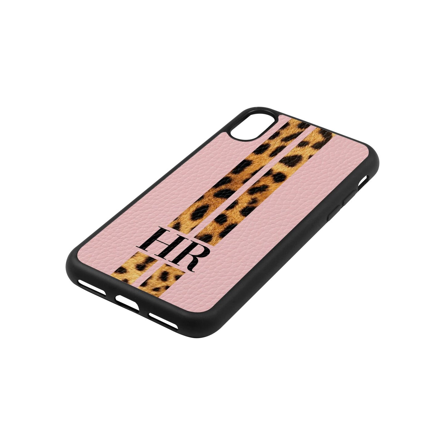 Initialled Leopard Print Stripes Pink Pebble Leather iPhone Xs Case Side Angle