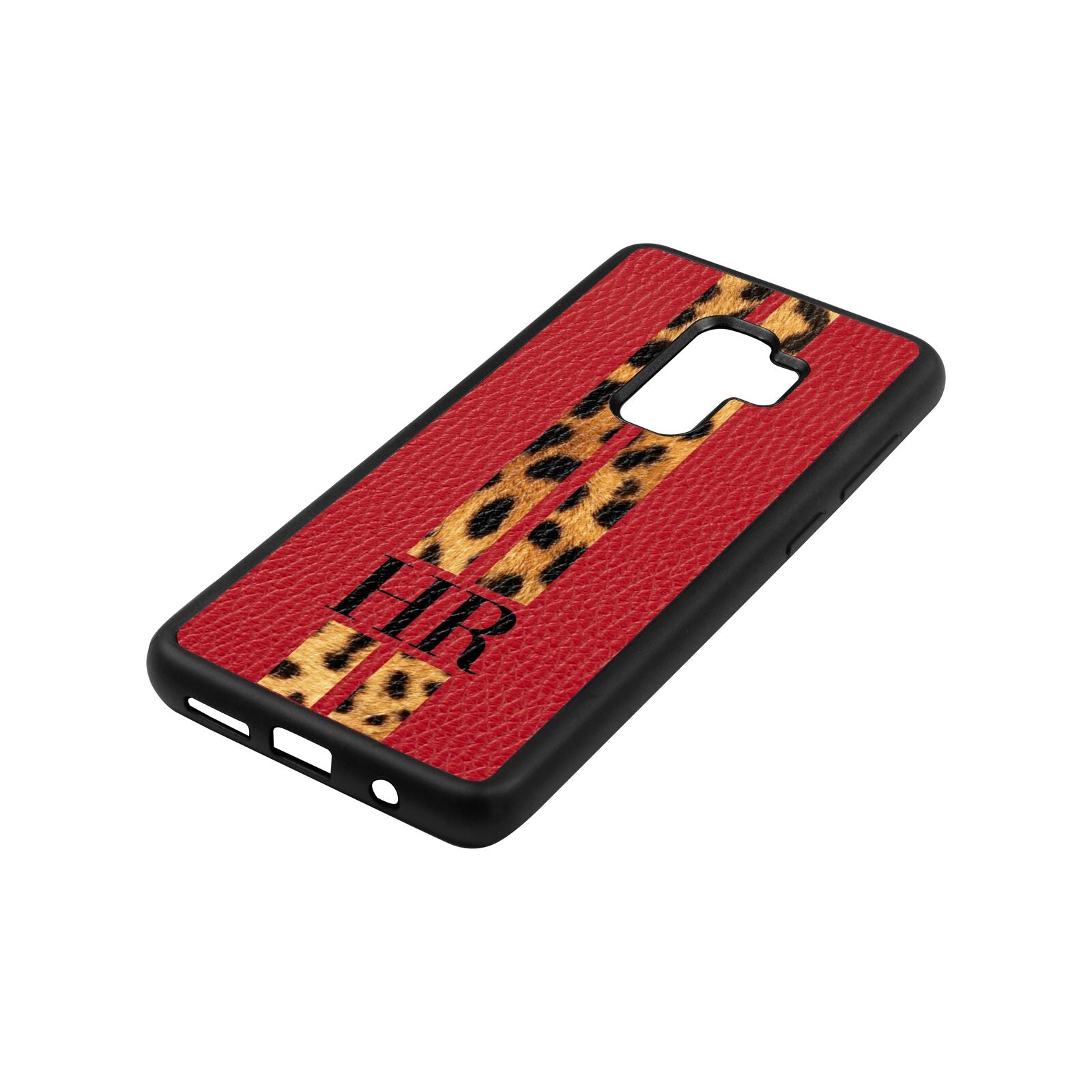 Initialled Leopard Print Stripes Red Pebble Leather Samsung S9 Plus Case Side Angle