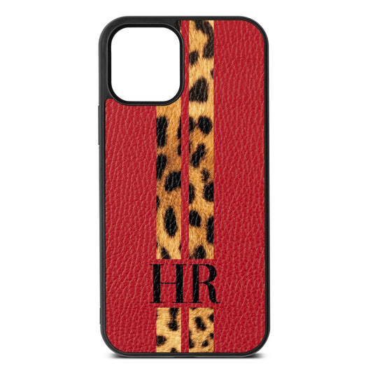 Initialled Leopard Print Stripes Red Pebble Leather iPhone 12 Case