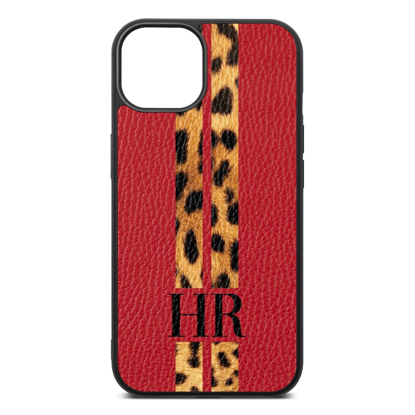 Initialled Leopard Print Stripes Red Pebble Leather iPhone 13 Case