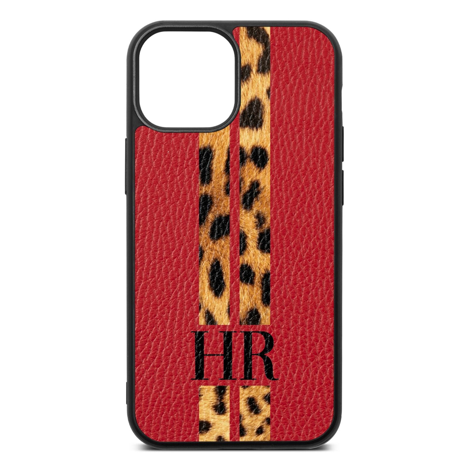 Initialled Leopard Print Stripes Red Pebble Leather iPhone 13 Mini Case