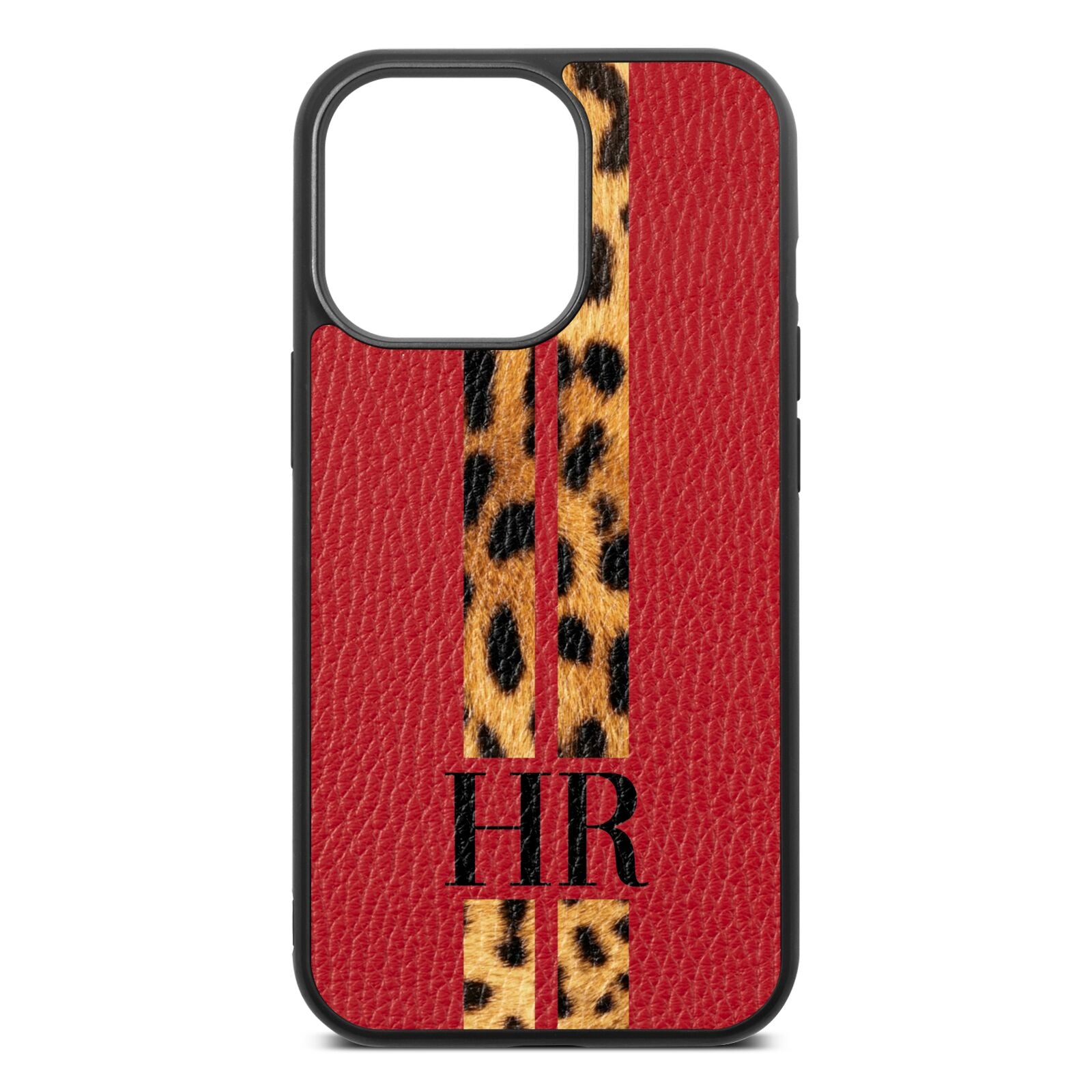 Initialled Leopard Print Stripes Red Pebble Leather iPhone 13 Pro Case