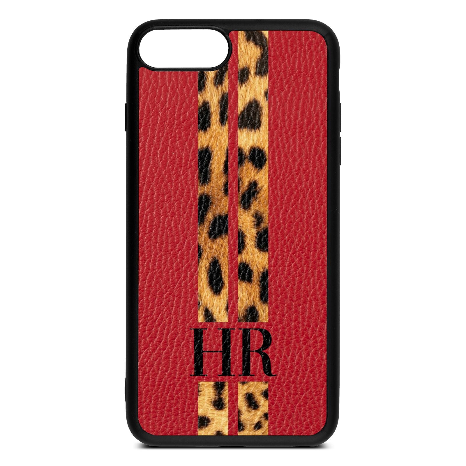 Initialled Leopard Print Stripes Red Pebble Leather iPhone 8 Plus Case