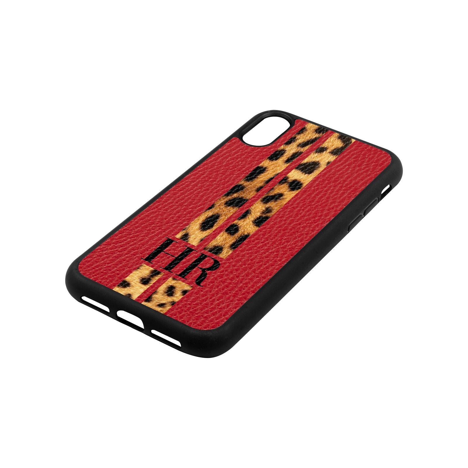 Initialled Leopard Print Stripes Red Pebble Leather iPhone Xr Case Side Angle