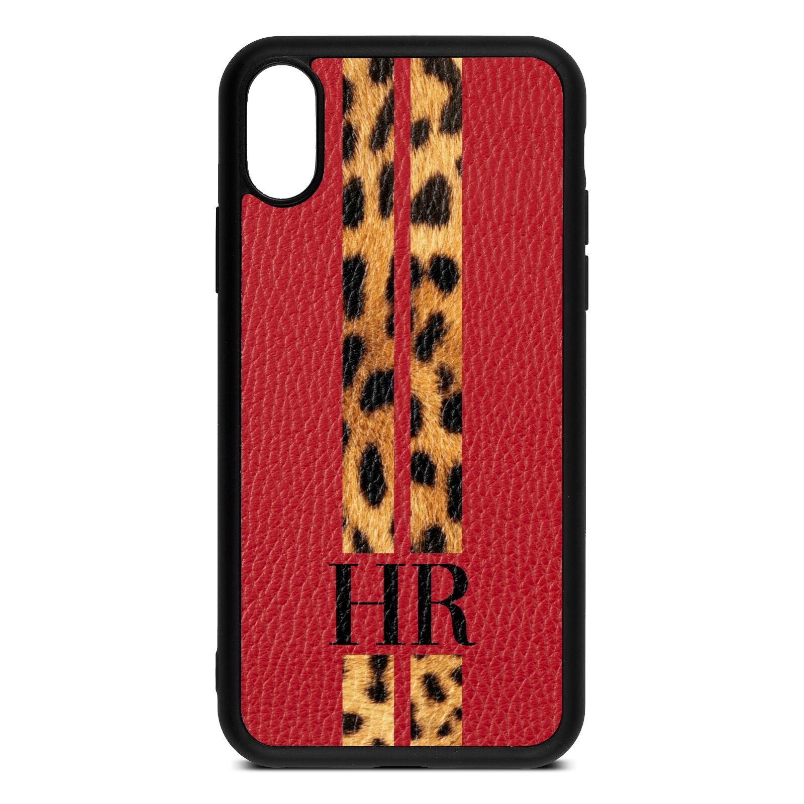 Initialled Leopard Print Stripes Red Pebble Leather iPhone Xs Case