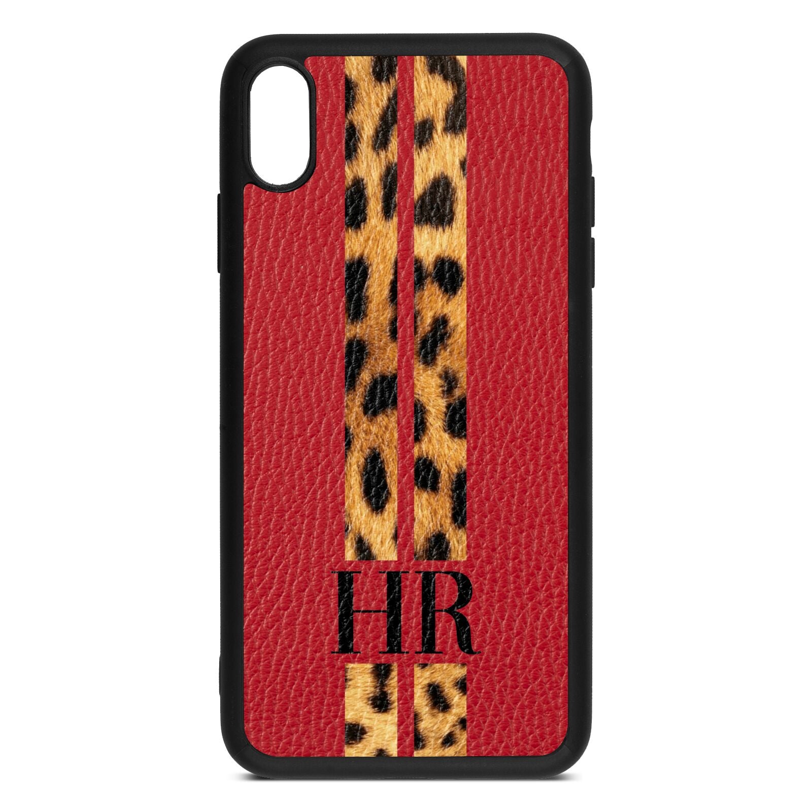 Initialled Leopard Print Stripes Red Pebble Leather iPhone Xs Max Case