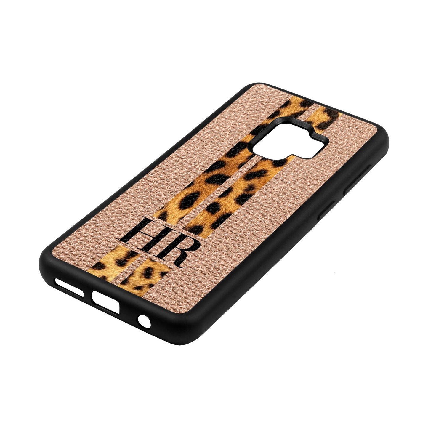 Initialled Leopard Print Stripes Rose Gold Pebble Leather Samsung S9 Case Side Angle