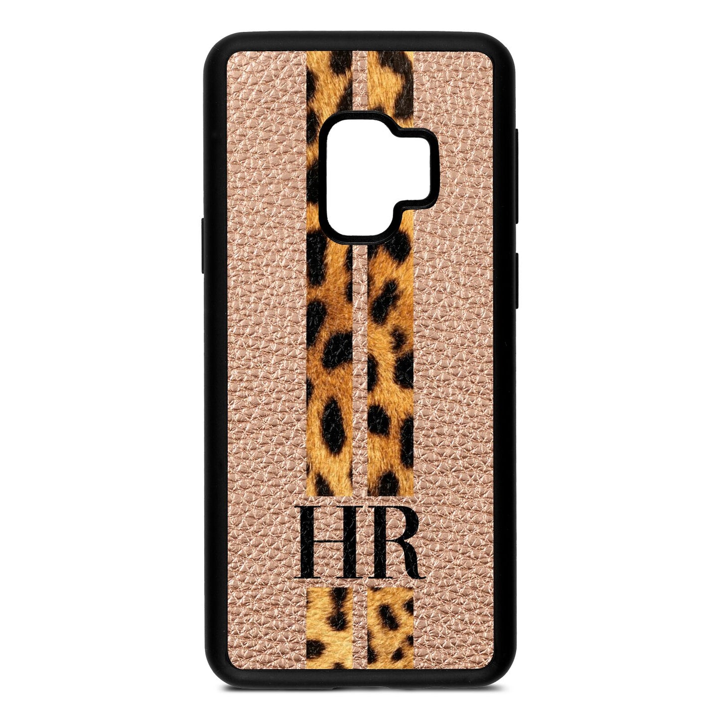 Initialled Leopard Print Stripes Rose Gold Pebble Leather Samsung S9 Case