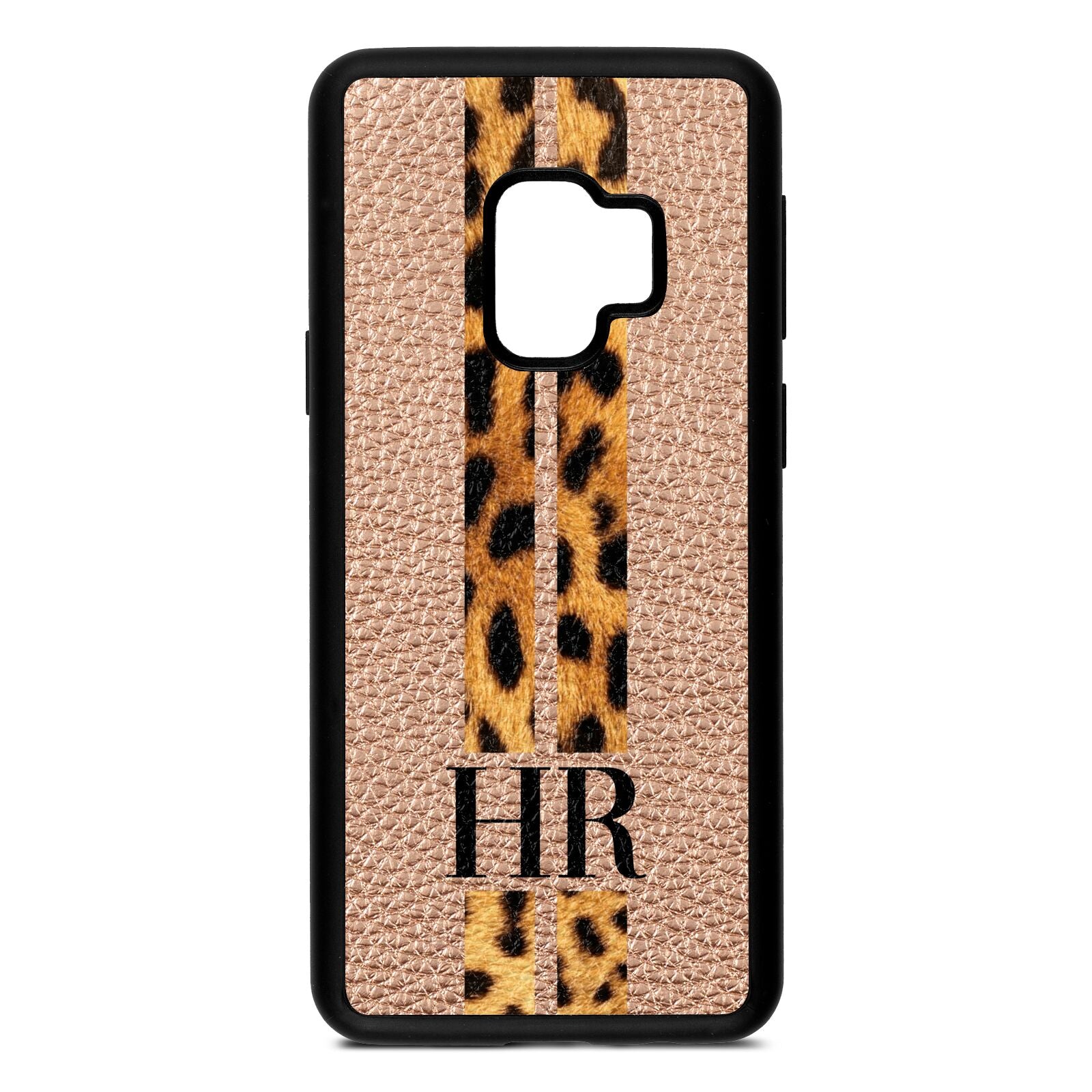 Initialled Leopard Print Stripes Rose Gold Pebble Leather Samsung S9 Case