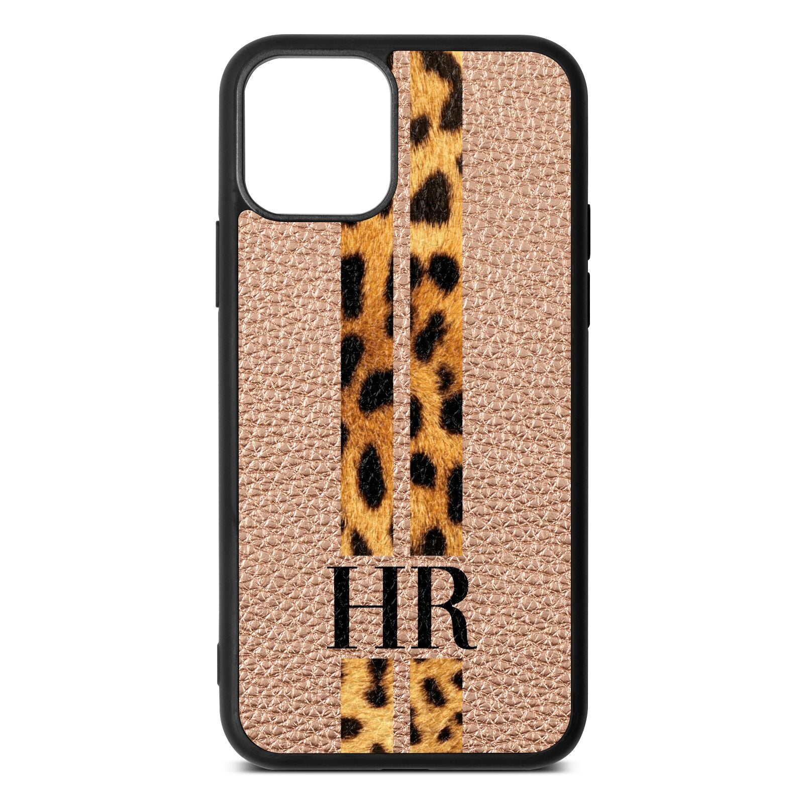 Initialled Leopard Print Stripes Rose Gold Pebble Leather iPhone 11 Case
