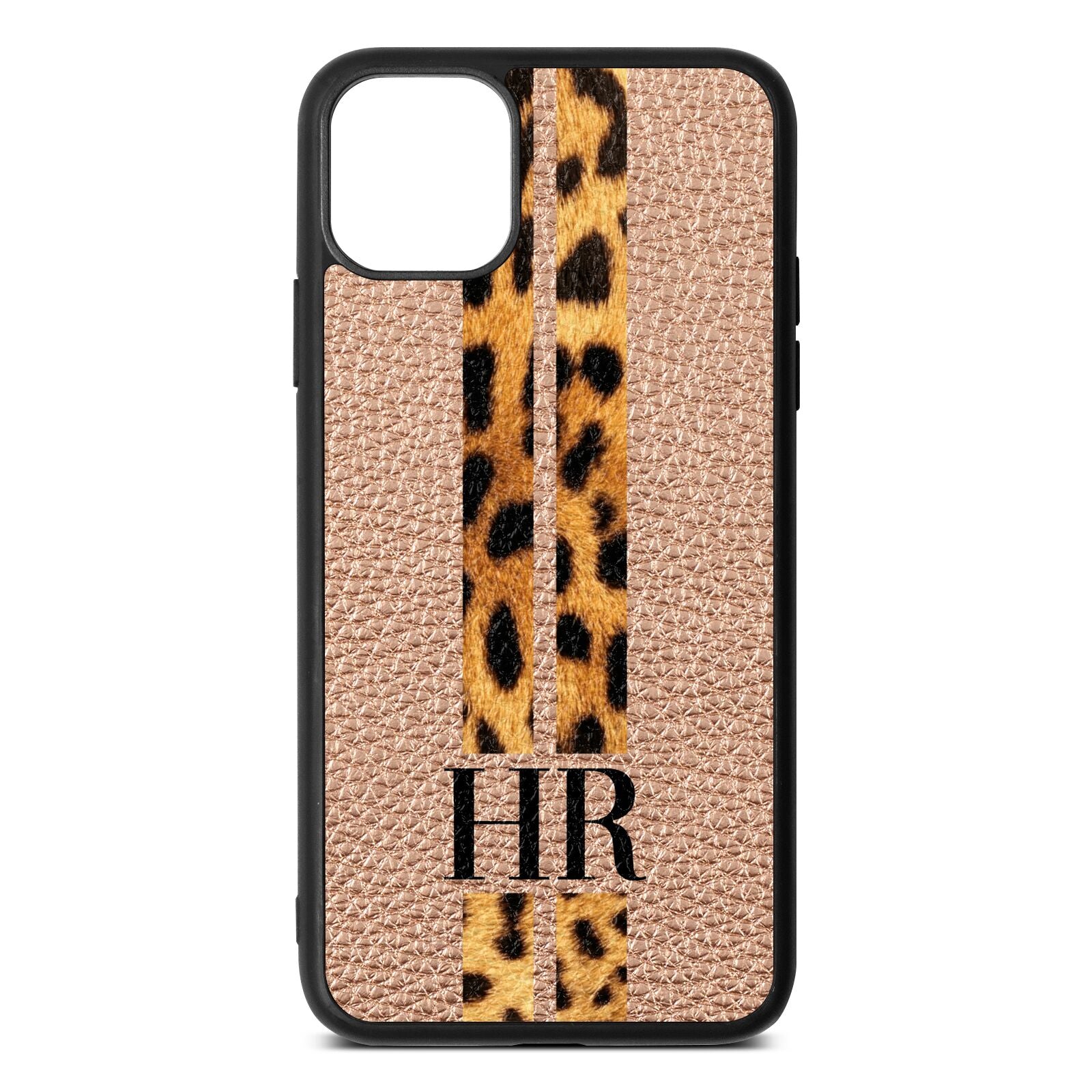 Initialled Leopard Print Stripes Rose Gold Pebble Leather iPhone 11 Pro Max Case