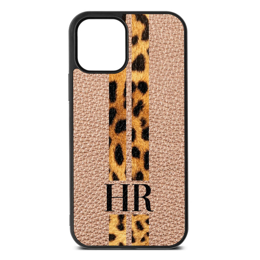 Initialled Leopard Print Stripes Rose Gold Pebble Leather iPhone 12 Case