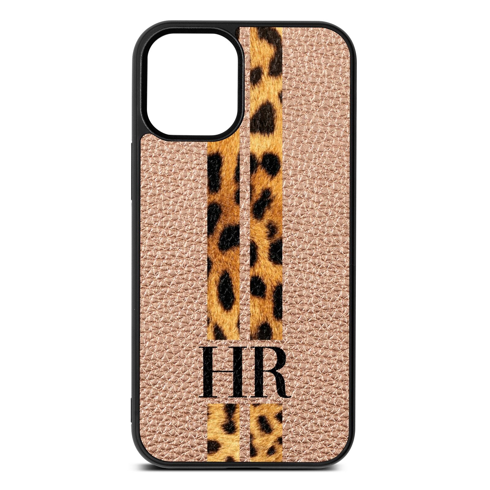 Initialled Leopard Print Stripes Rose Gold Pebble Leather iPhone 12 Mini Case