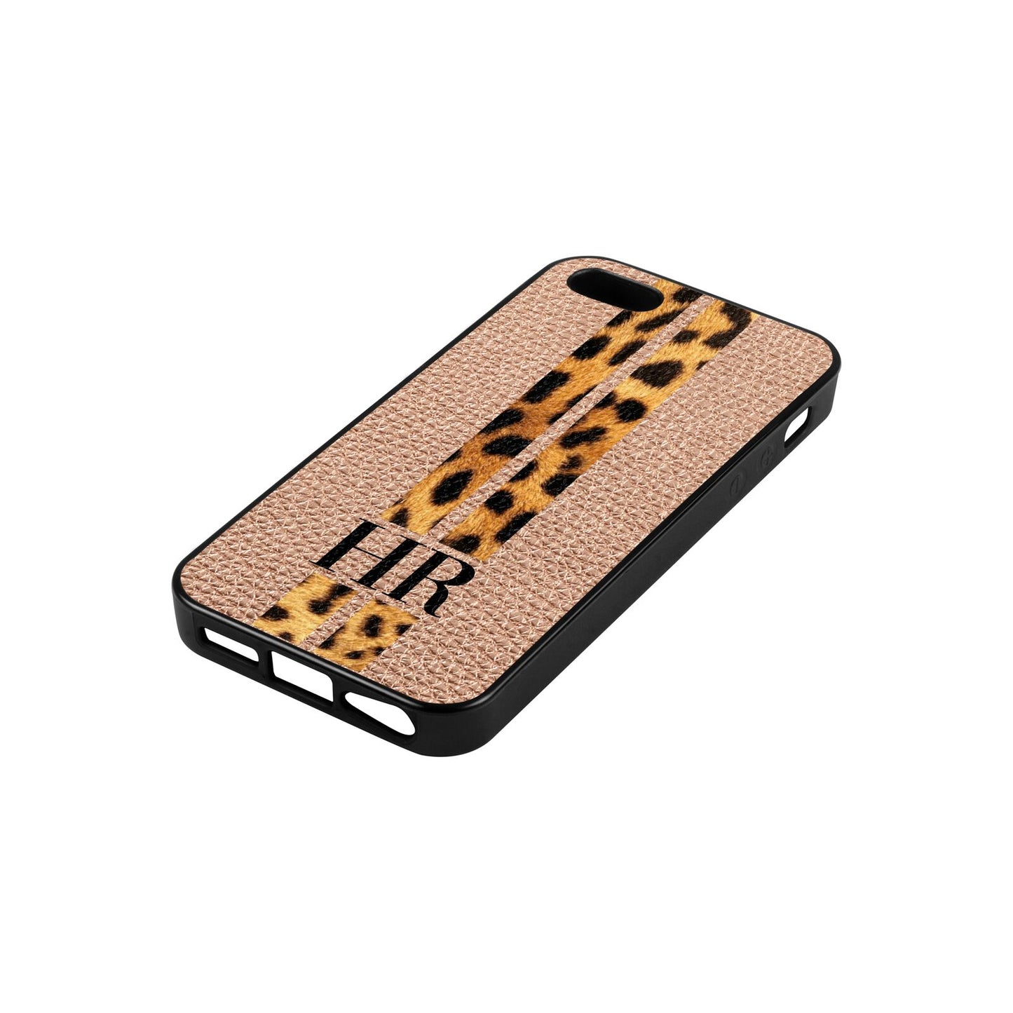 Initialled Leopard Print Stripes Rose Gold Pebble Leather iPhone 5 Case Side Angle