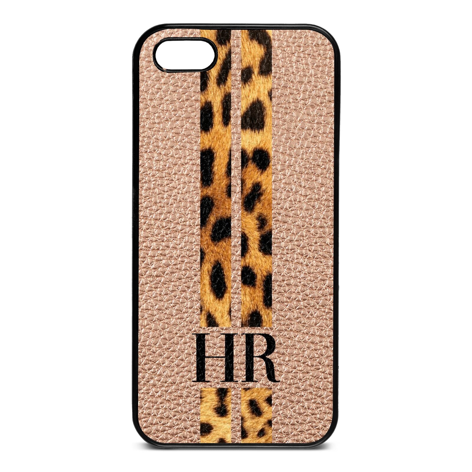 Initialled Leopard Print Stripes Rose Gold Pebble Leather iPhone 5 Case