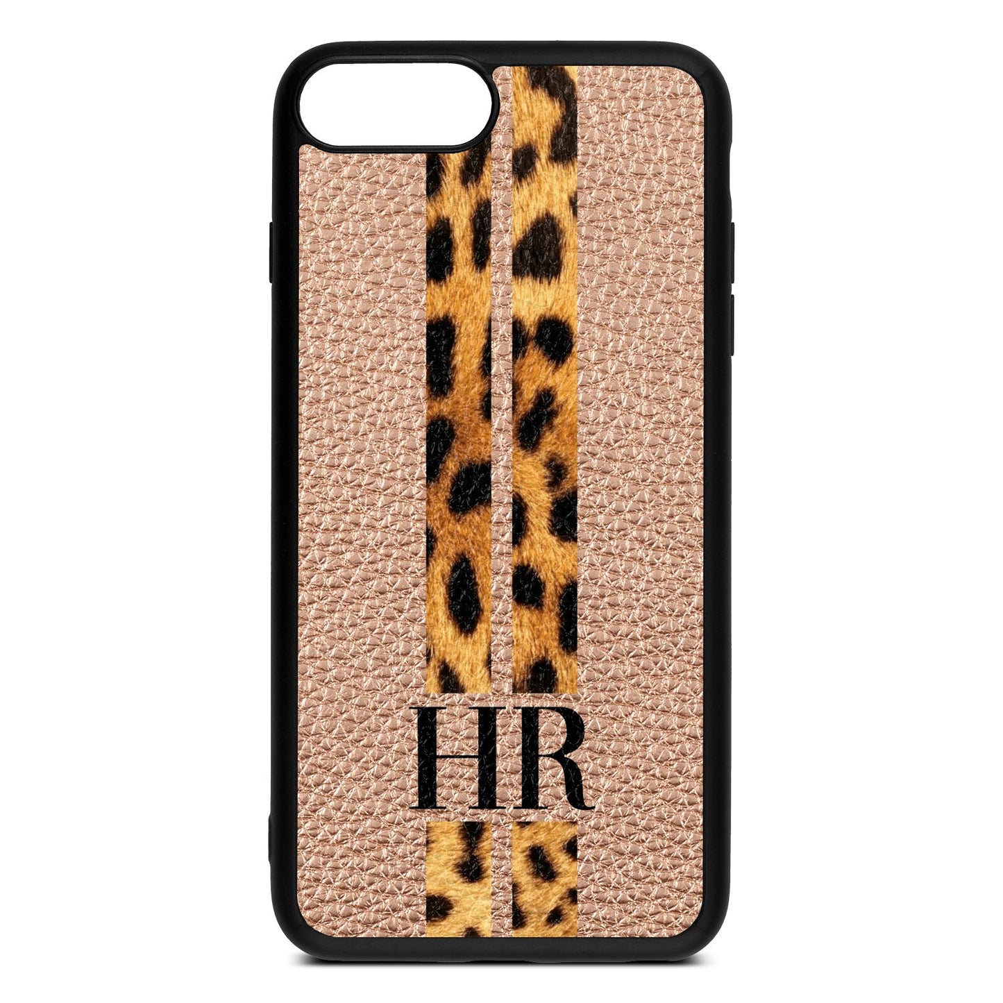 Initialled Leopard Print Stripes Rose Gold Pebble Leather iPhone 8 Plus Case