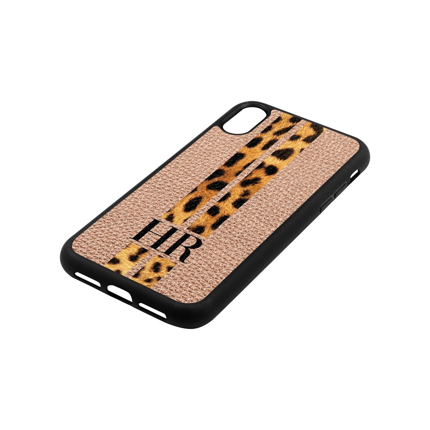 Initialled Leopard Print Stripes Rose Gold Pebble Leather iPhone Xr Case Side Angle