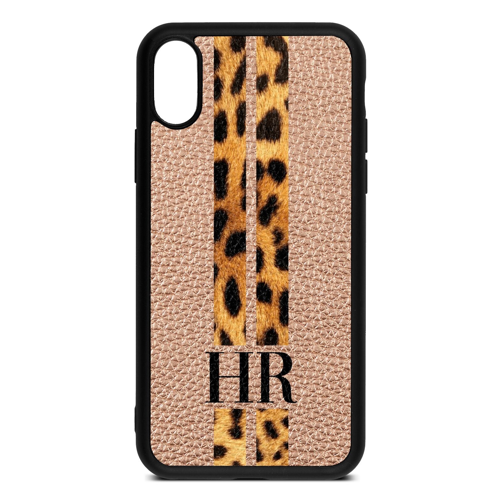 Initialled Leopard Print Stripes Rose Gold Pebble Leather iPhone Xs Case