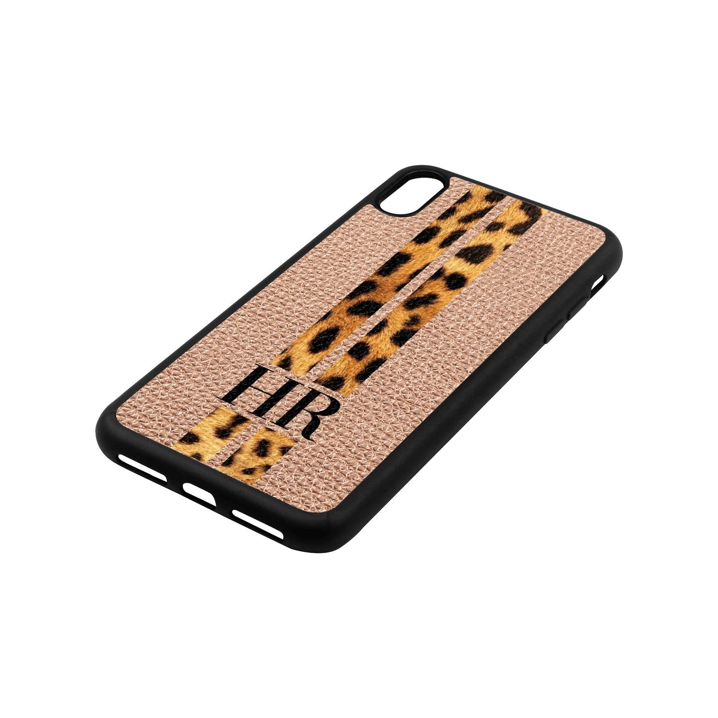 Initialled Leopard Print Stripes Rose Gold Pebble Leather iPhone Xs Max Case Side Angle
