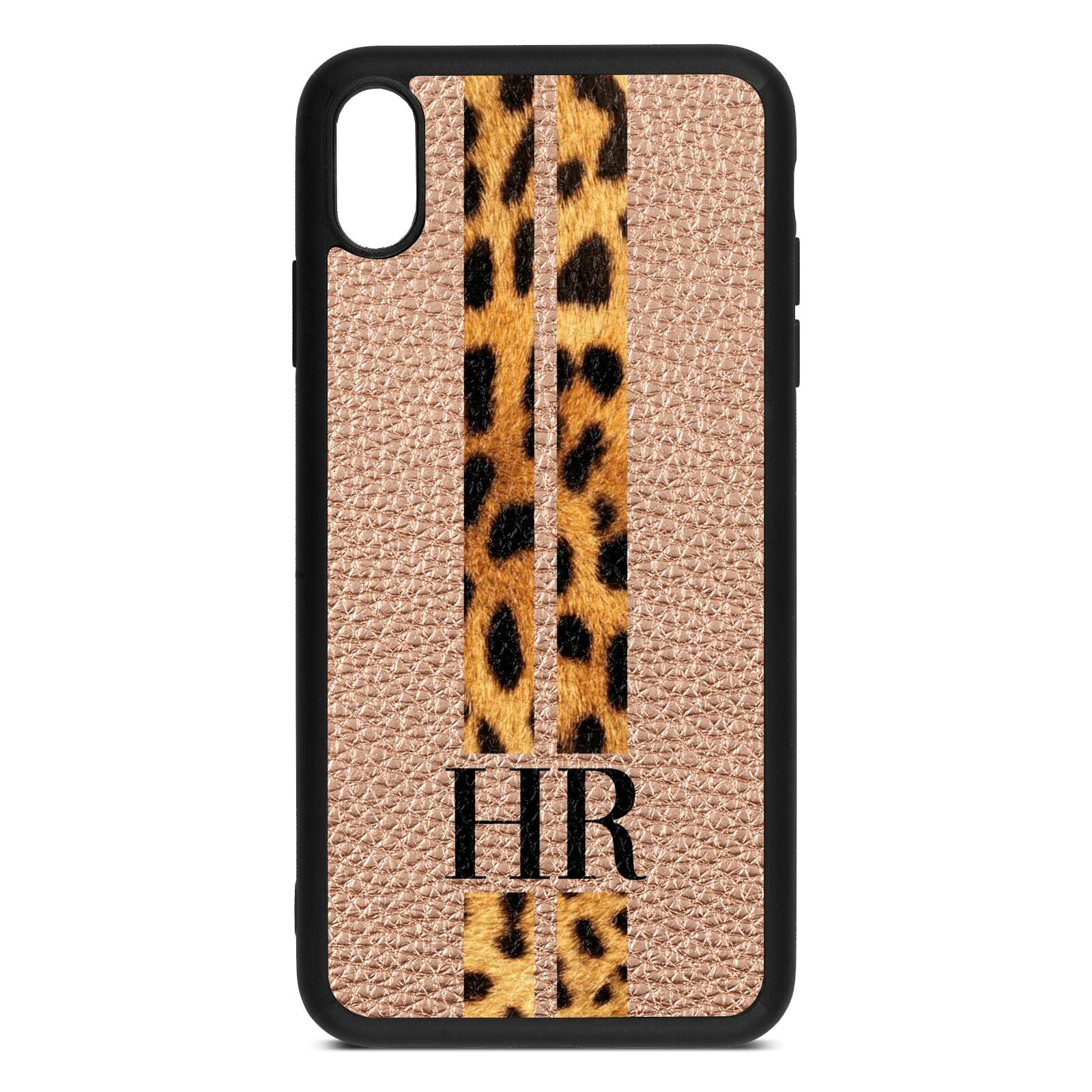 Initialled Leopard Print Stripes Rose Gold Pebble Leather iPhone Xs Max Case