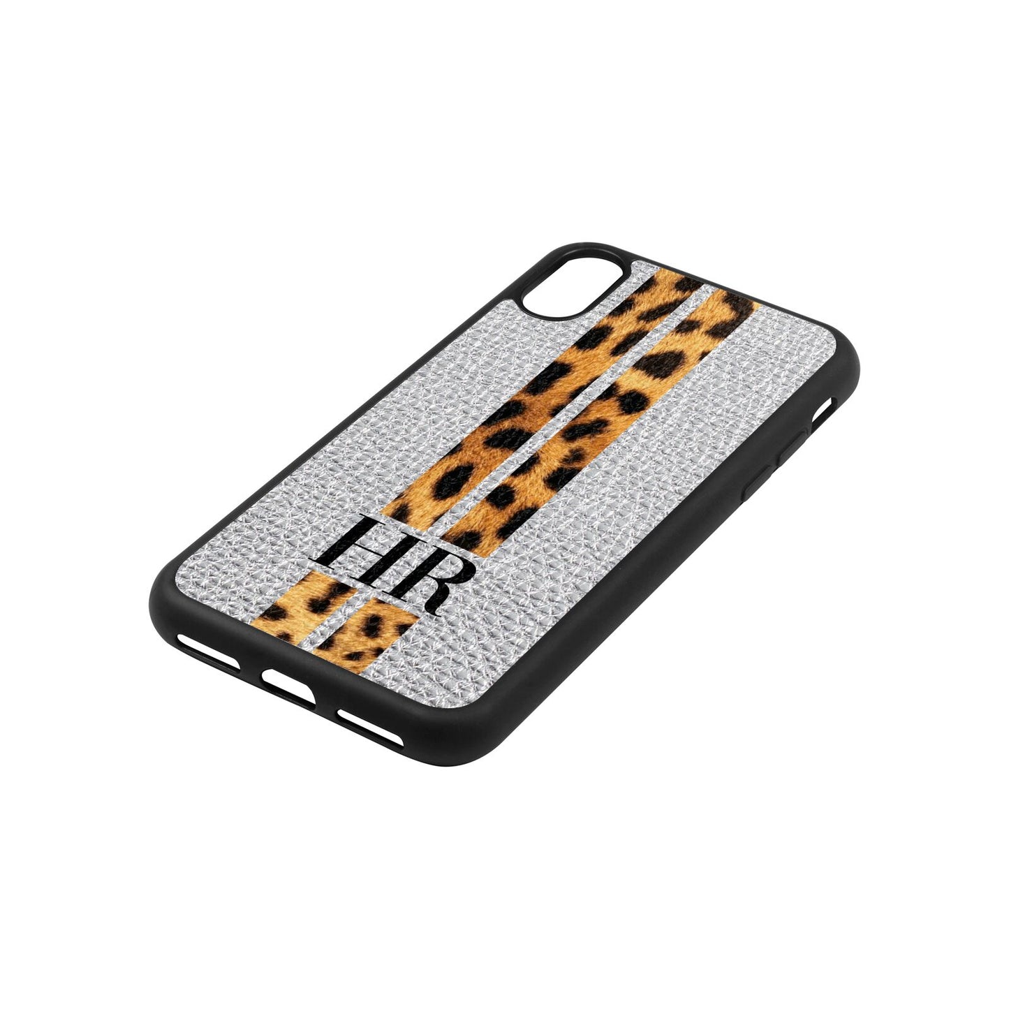 Initialled Leopard Print Stripes Silver Gold Pebble Leather iPhone Xs Case Side Angle