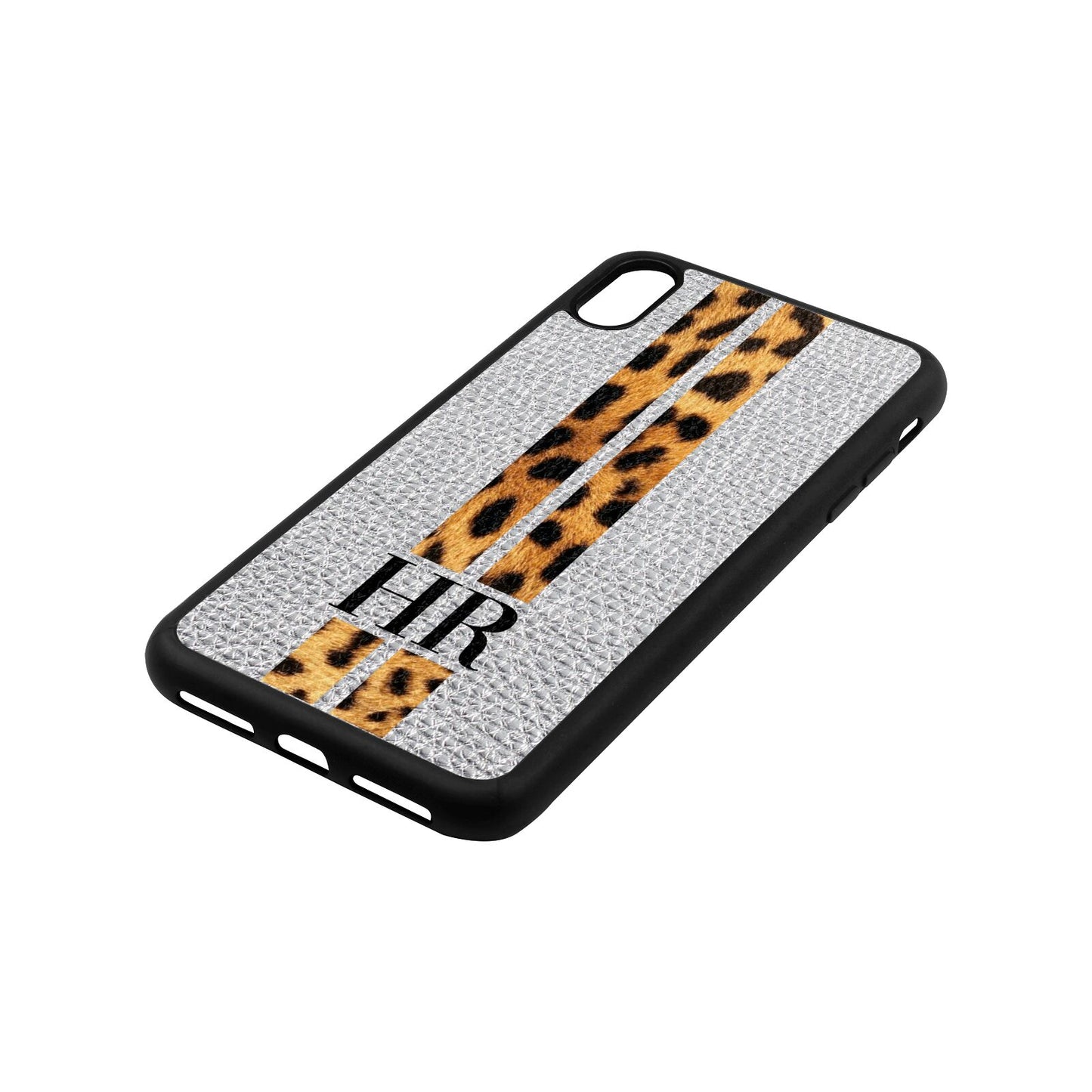 Initialled Leopard Print Stripes Silver Gold Pebble Leather iPhone Xs Max Case Side Angle