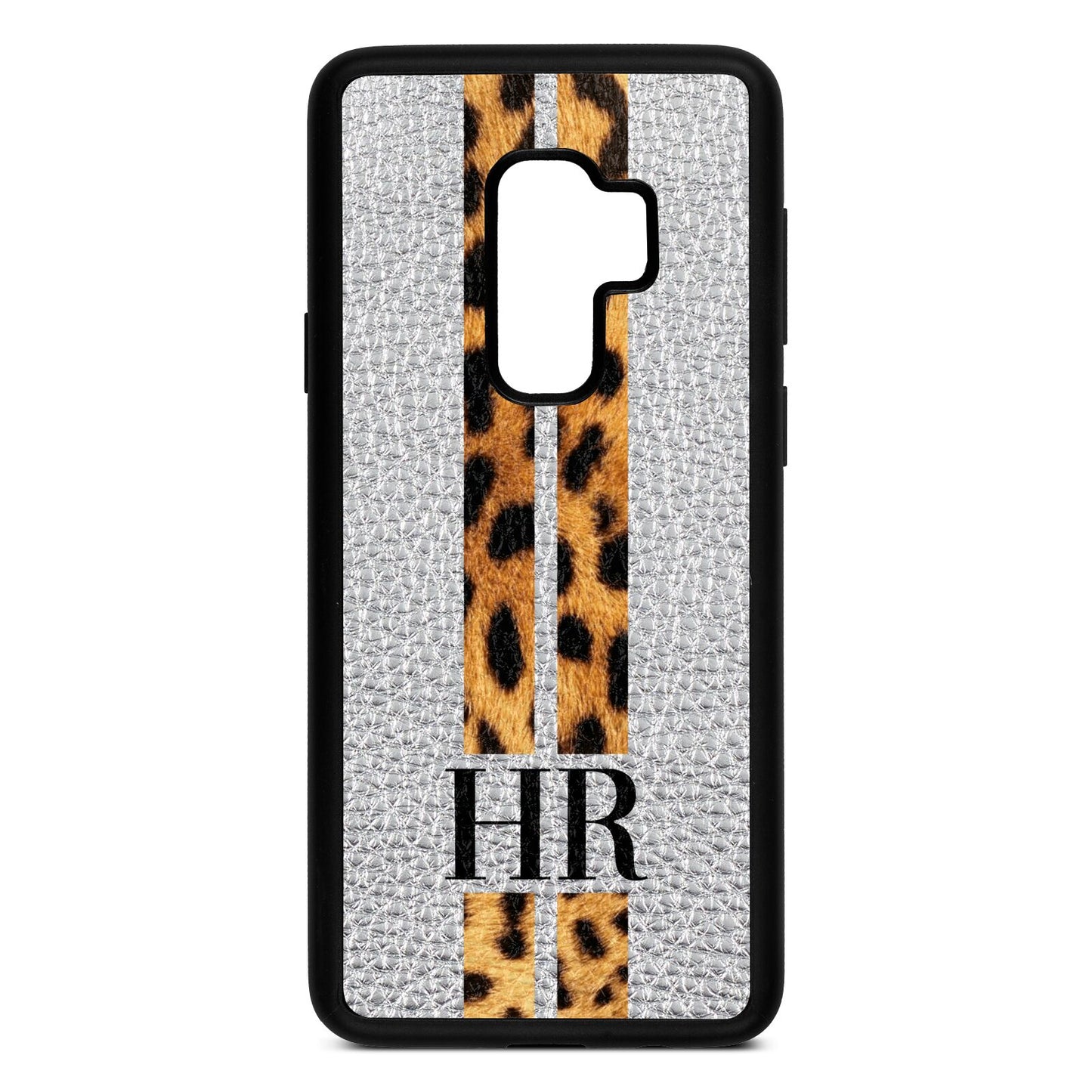 Initialled Leopard Print Stripes Silver Pebble Leather Samsung S9 Plus Case