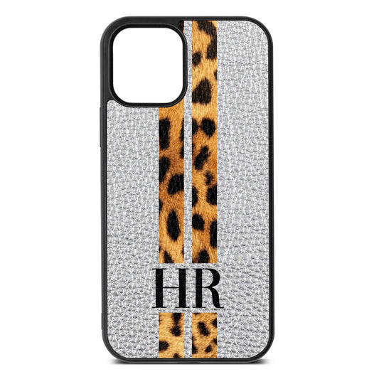 Initialled Leopard Print Stripes Silver Pebble Leather iPhone 12 Case