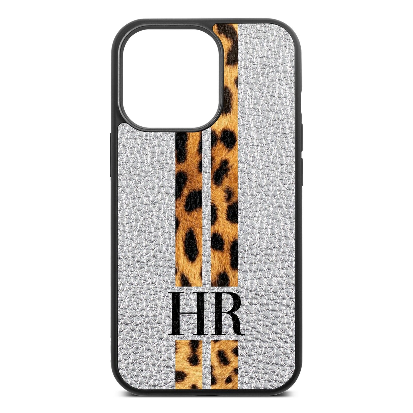 Initialled Leopard Print Stripes Silver Pebble Leather iPhone 13 Pro Case