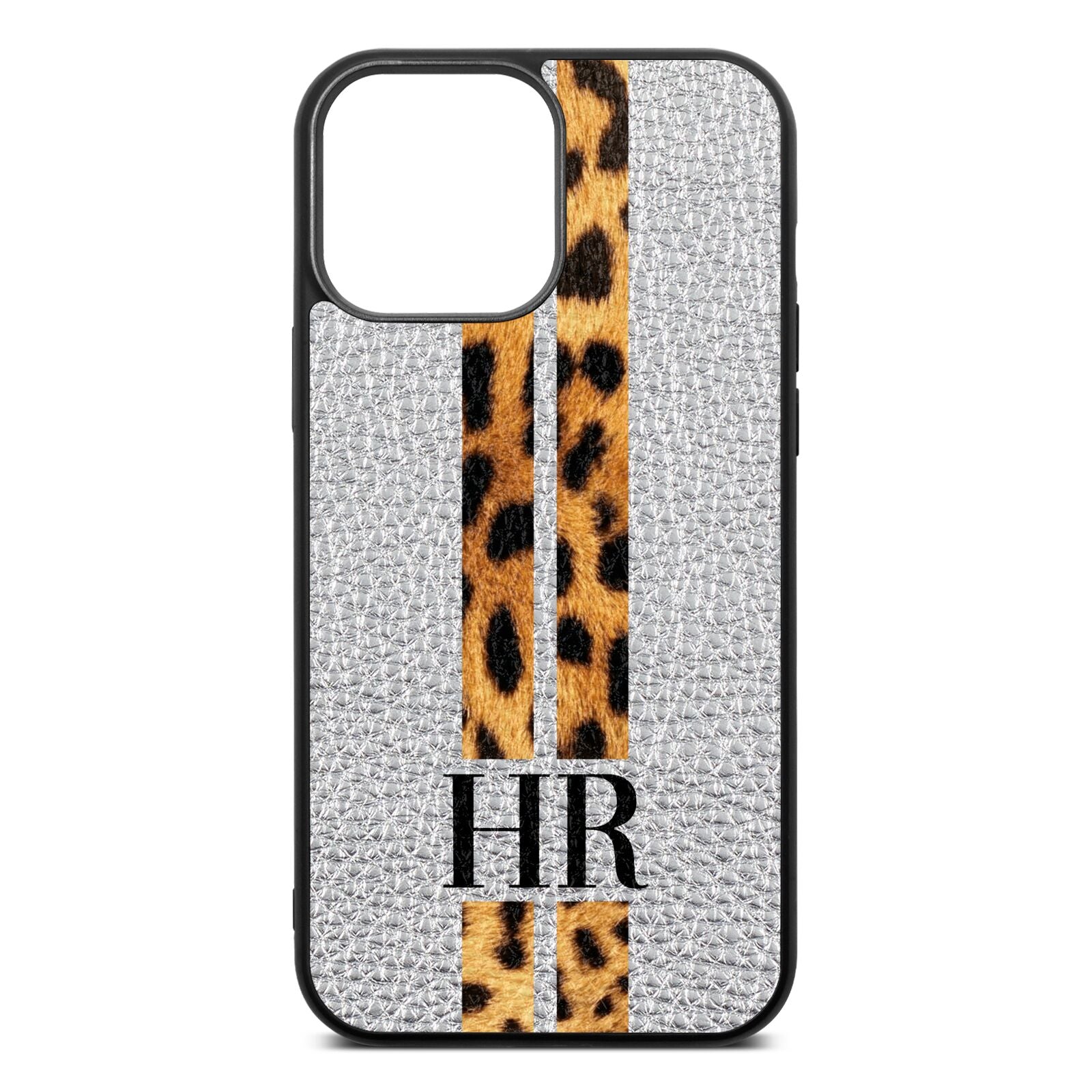 Initialled Leopard Print Stripes Silver Pebble Leather iPhone 13 Pro Max Case