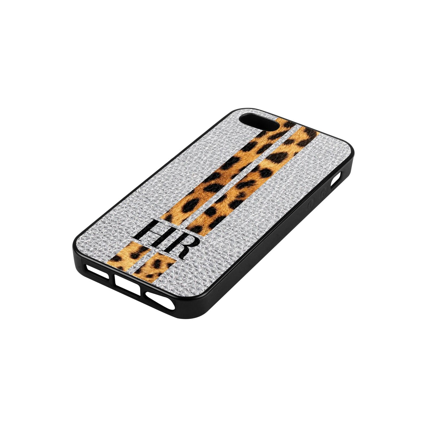 Initialled Leopard Print Stripes Silver Pebble Leather iPhone 5 Case Side Angle