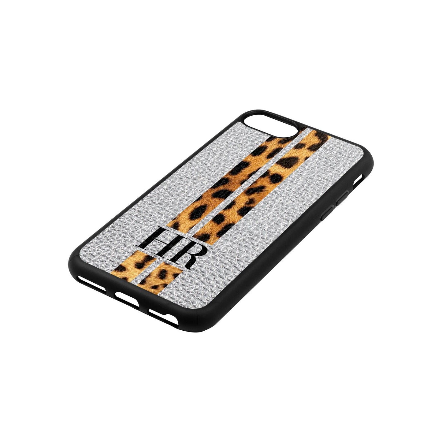 Initialled Leopard Print Stripes Silver Pebble Leather iPhone 8 Case Side Angle