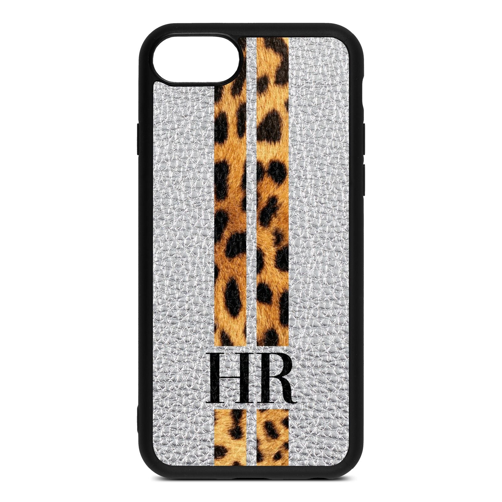 Initialled Leopard Print Stripes Silver Pebble Leather iPhone 8 Case